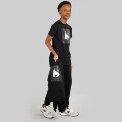 Drenge kombi patch t-shirt sweatshirt og joggingbukser træningssæt Sort